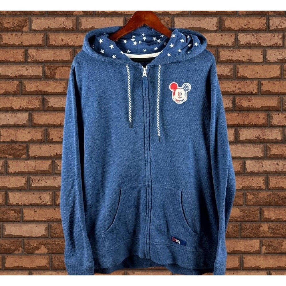 Disney Mickey Mouse Blue Full Zip Hoodie Star Print Hood Embroidered Sweatshirt